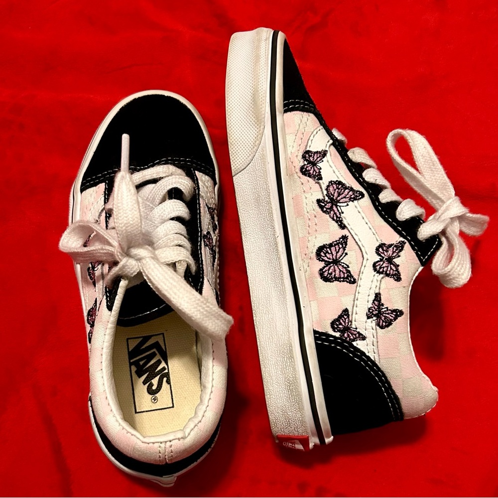 Vans-Little Kid-Pink Checkerboard /Black/White:Pink&Black Butterflies-Size 13
